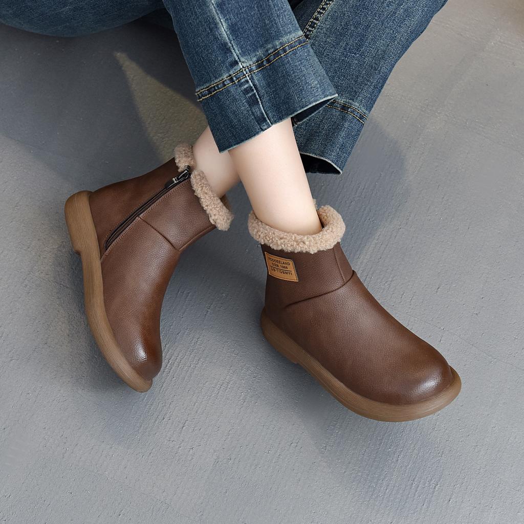 Real soft leather snow boots women's new autumn and winter velvet warm lamb flat short boots thickened cotton boots retro women's boots