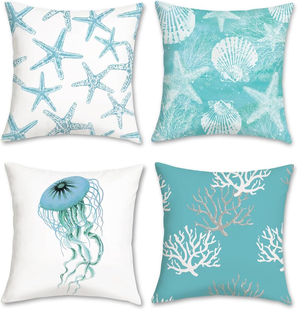 Throw Pillow Covers Seahorse Turtle Starfish Coastal Outdoor Decorative Velvet Cushion Cases For Couch Bed Home Decor Set Of 4