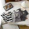 2026 Summer Children O-Neck Short Sleeve T-Shirt Suits Baby Spring Short Pants Two-pieces Set Stripe Cotton Suit for Girl Boy