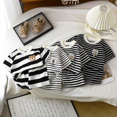 2026 Summer Children O-Neck Short Sleeve T-Shirt Suits Baby Spring Short Pants Two-pieces Set Stripe Cotton Suit for Girl Boy