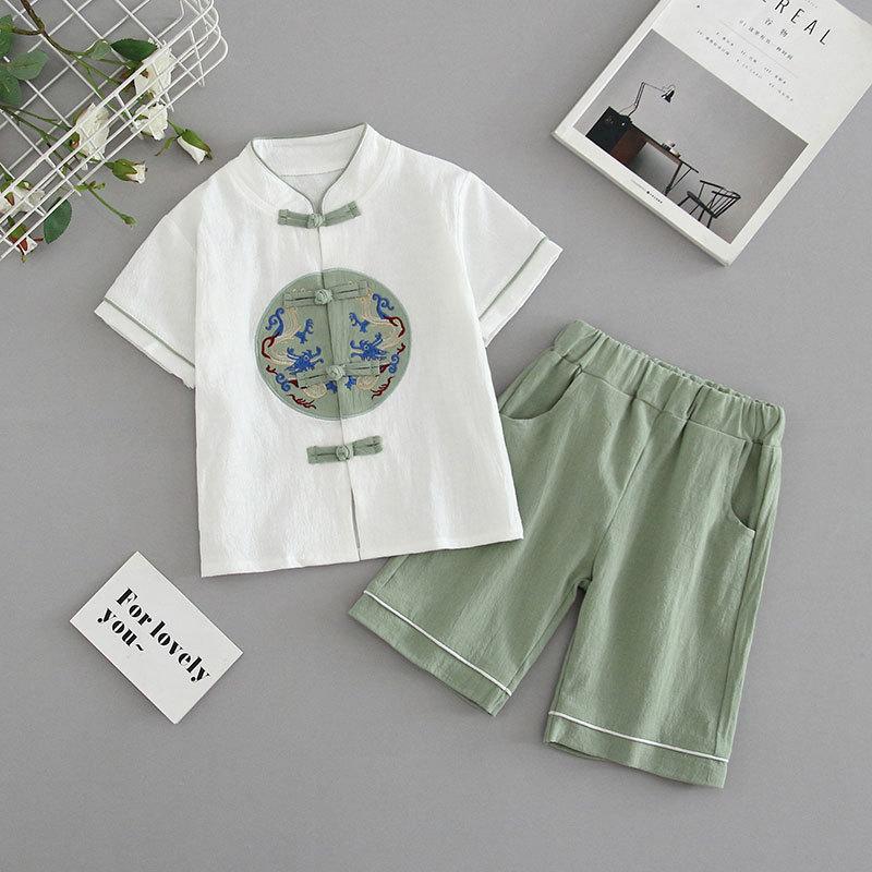 

Детский летний костюм для мальчиков, ханбок в китайском стиле, шорты с короткими рукавами, костюм для девочек, янци, новый китайский комплект из двух предметов 140