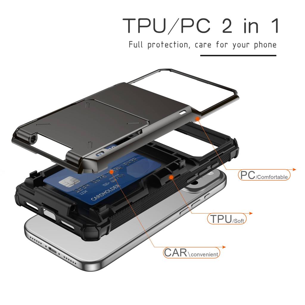 For iPhone 18 Pro Max 17 16 15 14 Air Wallet Case Card Slot Holder, Slide Armor, Shockproof Protective Cover with Kickstand Case