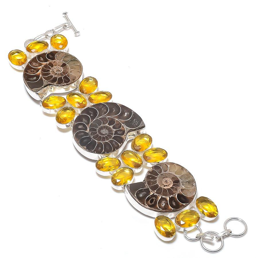 Natural Ammonite Fossil, Citrine Gemstone 925 Sterling Silver Bracelet 7-8" D5P06