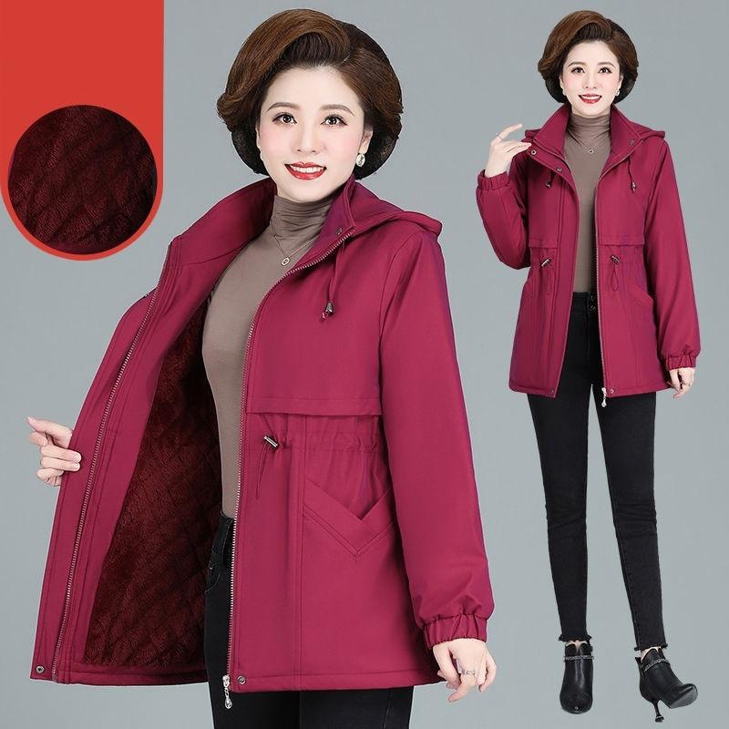 Women Winter Jacket Hood Warm Parkas Fleece Mid Length Padded Jacket Windbreakers Outerwear Mother Coat