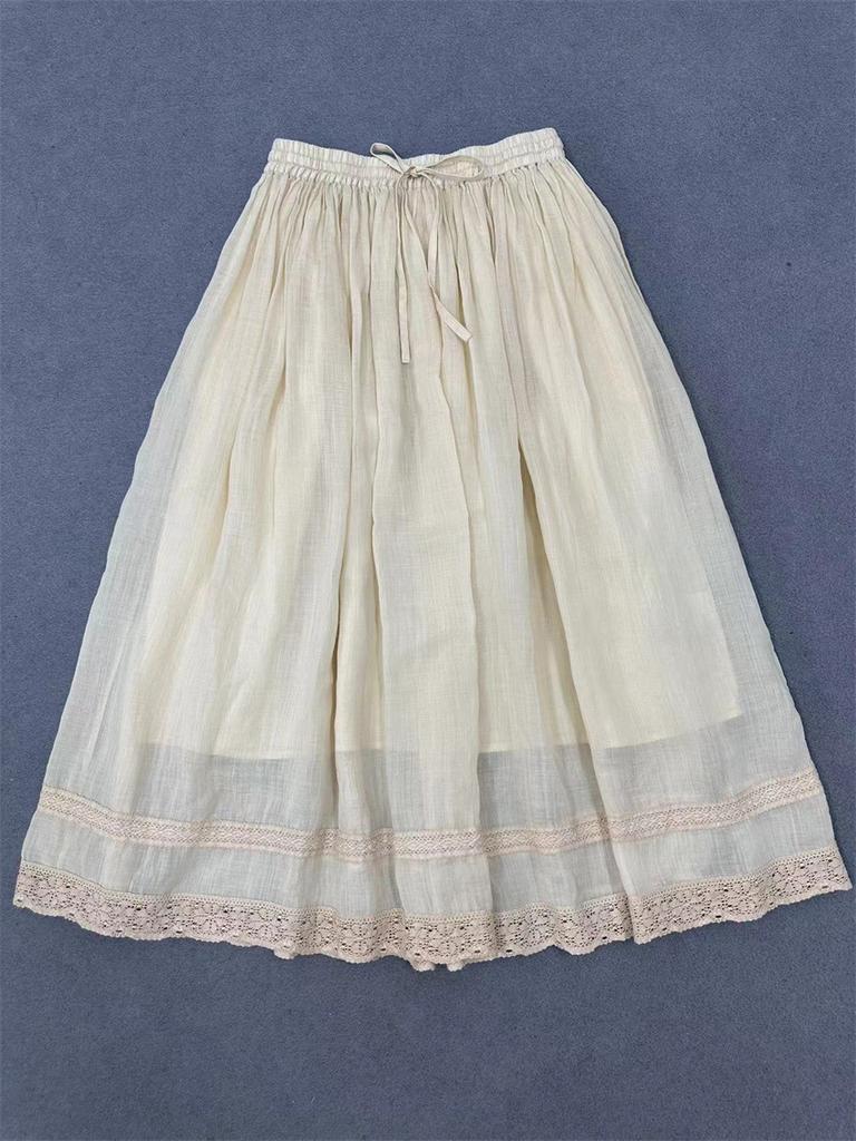 Johnature Lace Skirts Women Summer Lace-up Elasticated Solid Color Casual Simple Loose Skirts