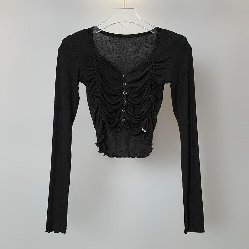 Korean Dongdaemun Ruffled Lace Square Neck Padded Shoulder Long Sleeve Cardigan Top One Size чёрный