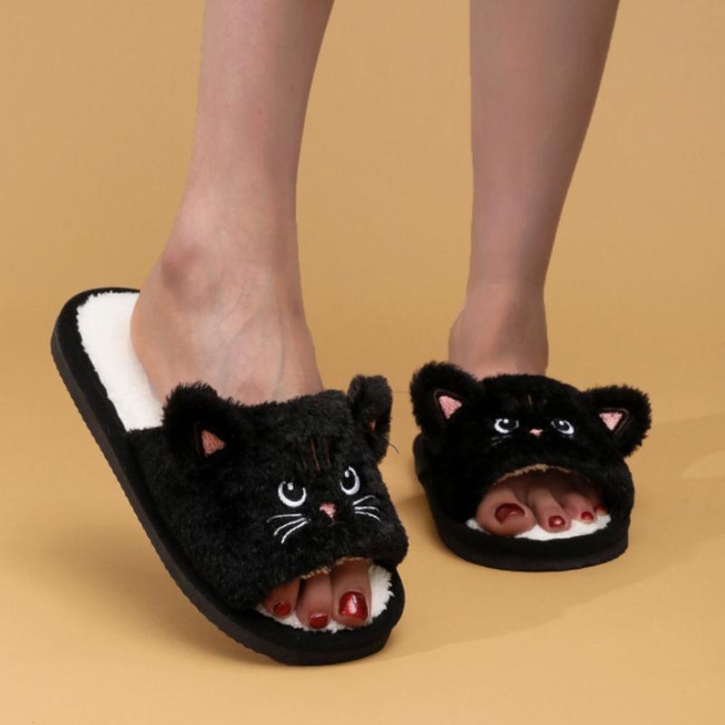 Women's Cute Cat Open-Toe Slippers Home Comfortable and Casual Slipper for Autumn and Winter