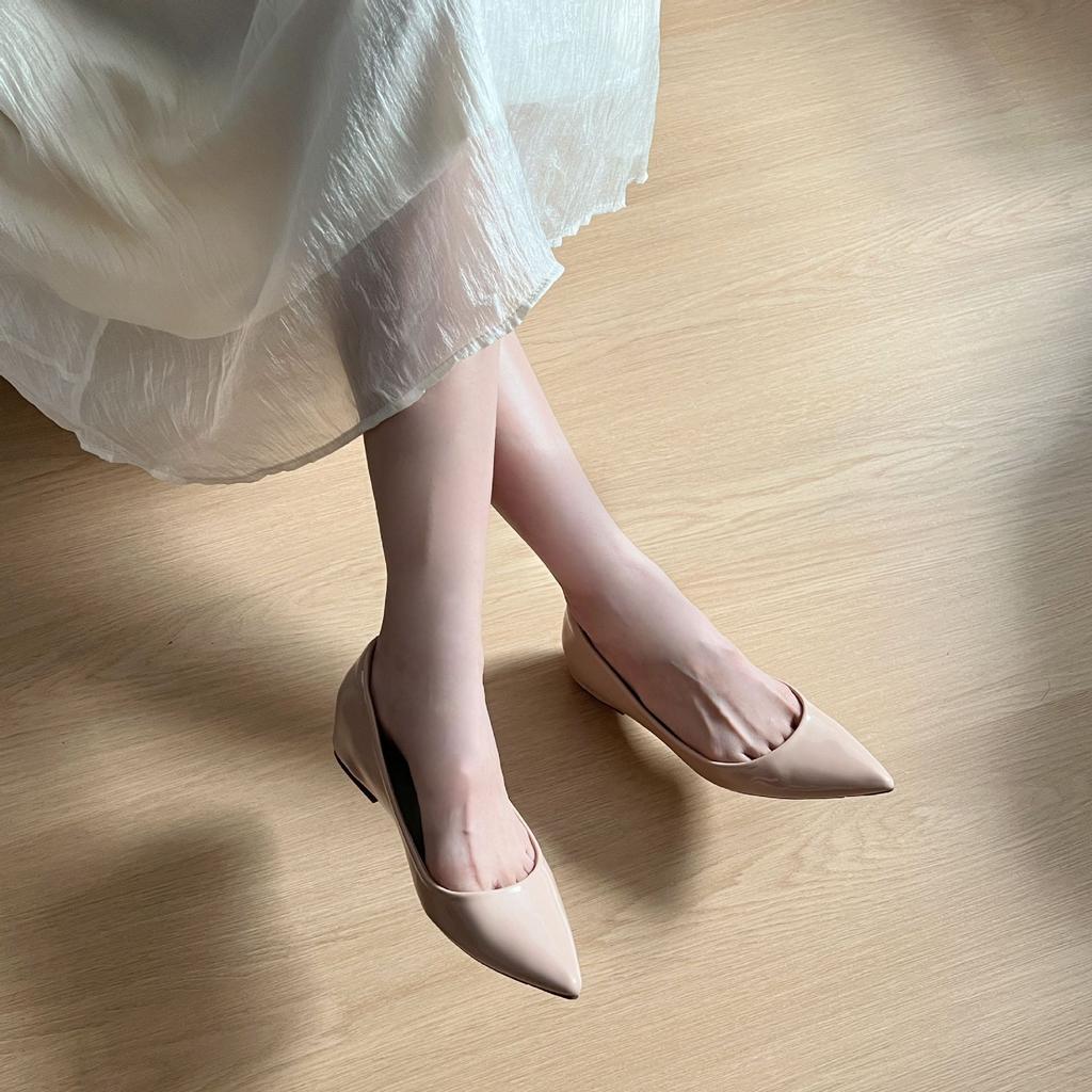 Nude Single Shoes Women's New Spring Pointed Head Shallow Mouth Flat Shoes Inner Height Increase Gentle Wind Temperament Women's Shoes