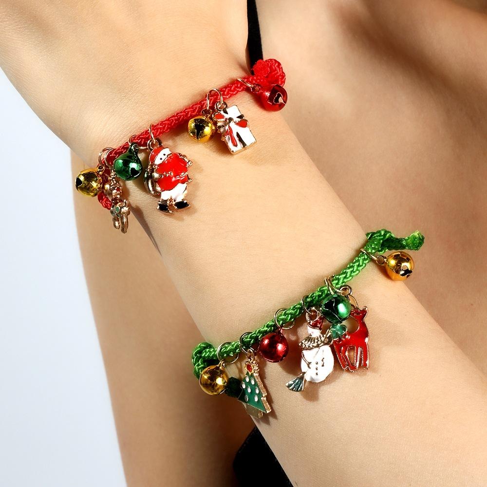 Christmas Elk Bell Couple Bracelet, Cartoon Oil Drip Adjustable Santa Cane Bracelet