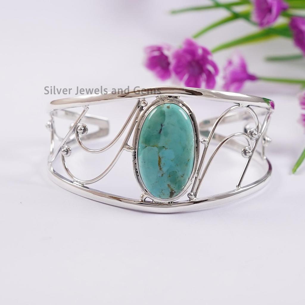 Turquoise Open Cuff Bracelet, Boho Adjustable Bracelet, Turquoise Jewelry, 925 Silver Bracelet, Birthday Gift , December Birthstone