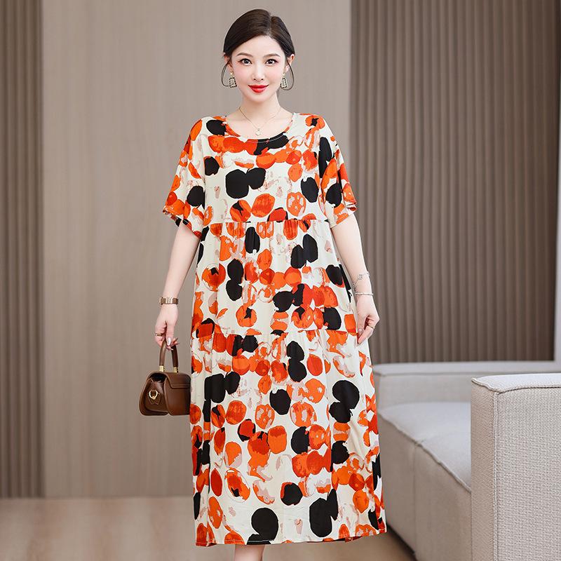 Women's Mid-length Dress,summer Dress for Mothers,cotton Silk Knee-length Dress,middle-aged Women's Dress,plus-size Short-sleeved Beach Dress Women