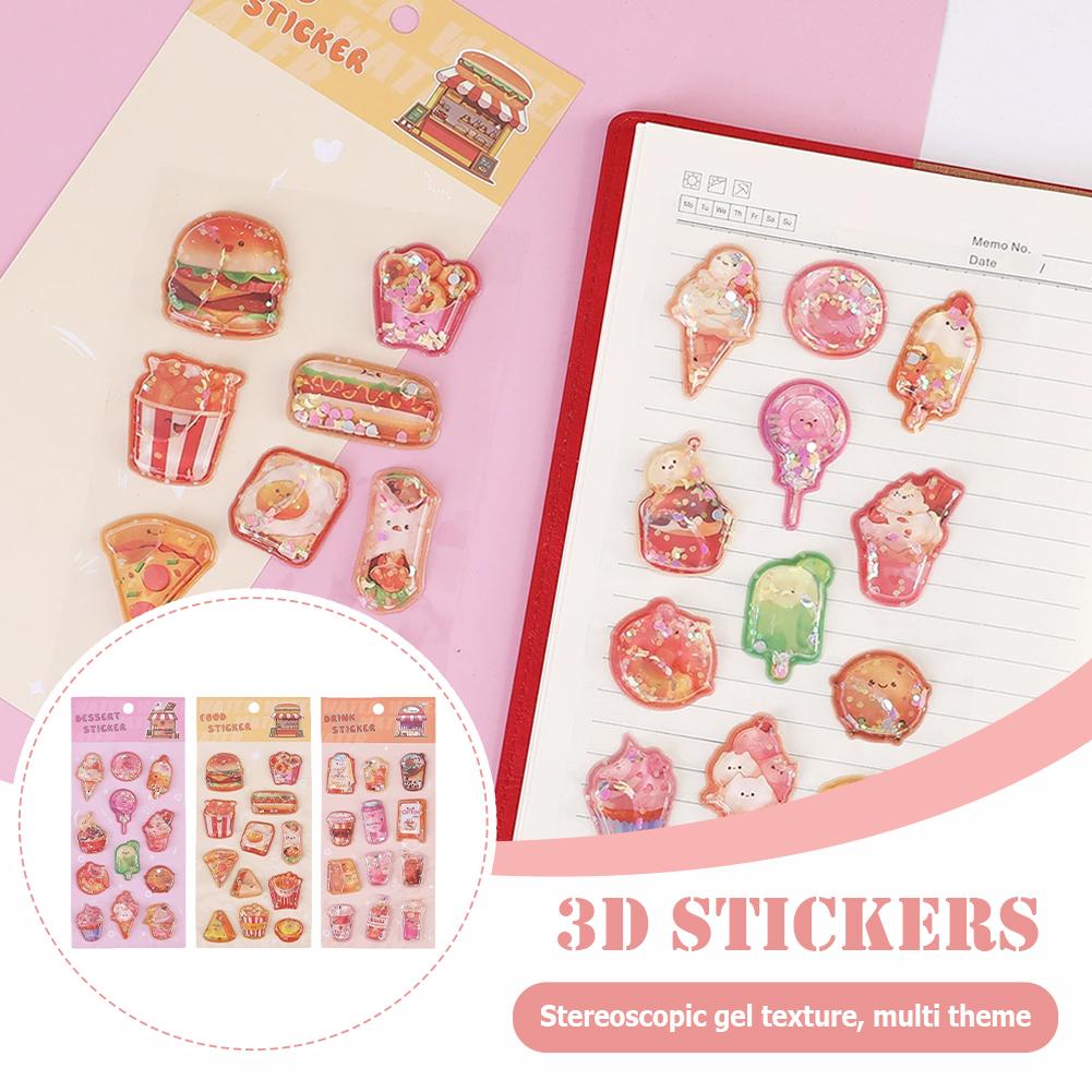 Adorable Assorted Decals 3D Embossed Crystal Children Stickers, Cartoon Mini Hamburger Ice Cream Milk Tea 3D Journal Stickers