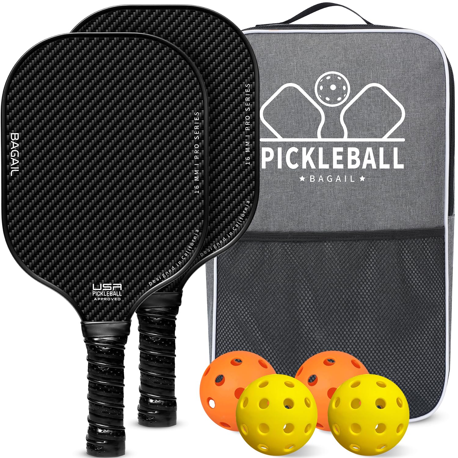 

BAGAIL Pickleball Pickleball USAPA Honeycomb Pickleball Carry Bag Pickleball Gift for Beginners and Set of Black Paddles, Rackets, Approved, Non-Slip, чёрный