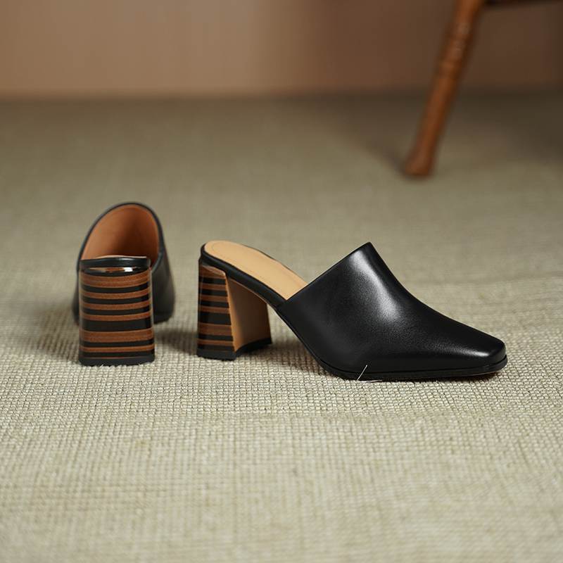 Krazing Pot Mules Cow Skin Basic Clothing Spring Summer Size 43 Size 42 Sandals Women Thick Heels Women Square Toe Slip On Pumps