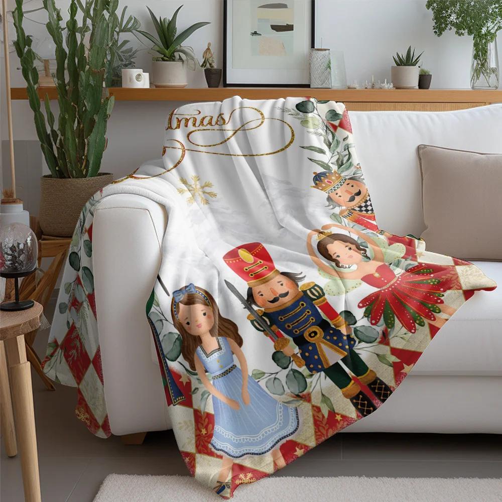 Nutcracker Ballet Christmas Fleece Blanket, Golden Merry Christmas Script with Character Collection, Classic Holiday Throw 75cmx90cm