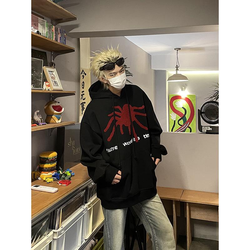 

Американский уличный худи с капюшоном и принтом паука мужской новый весенне-осенний cleanfit тяжелый универсальный худи-куртка M чёрный