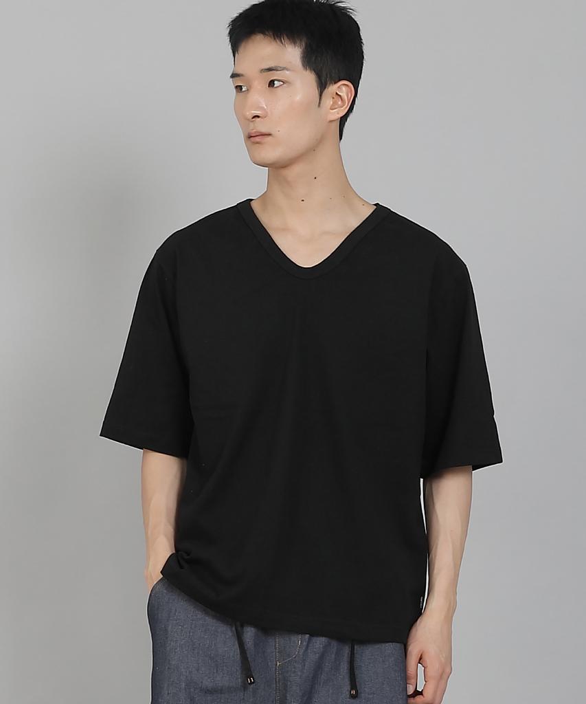 Seinteukeulu Plain V-Neck 16S Cotton Knee-Length Short Sleeve T-Shirt V-8A01 Black