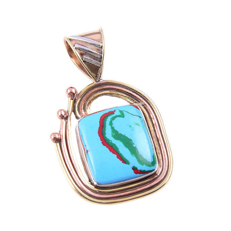 Natural Rainbow Calcica Gemstone 925 Solid Silver Two Tone Pendant 1.50" U1w01
