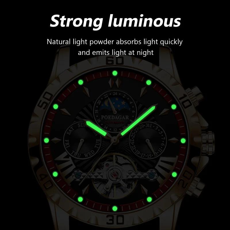 Für POEDAGAR 1410 Luxus Herren Automatik Mechanische Uhr Edelstahl Leuchtend Wasserdicht 22mm Armbandbreite Analoganzeige