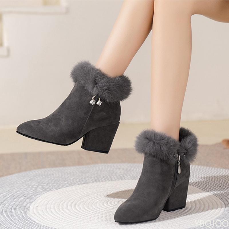 

Зимние новые толстые женские хлопковые ботинки с острым носком, на толстом каблуке, со стразами, удобные, простые замшевые ботильоны с высоким голенищем 36 серый
