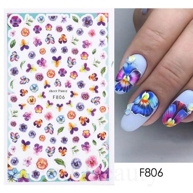 3D Nail Stickers Flowers Pink Purple Blossom Florals Leaves Decals Nail Art Adhesive Sliders Charms Manicure Decorations TRCA769