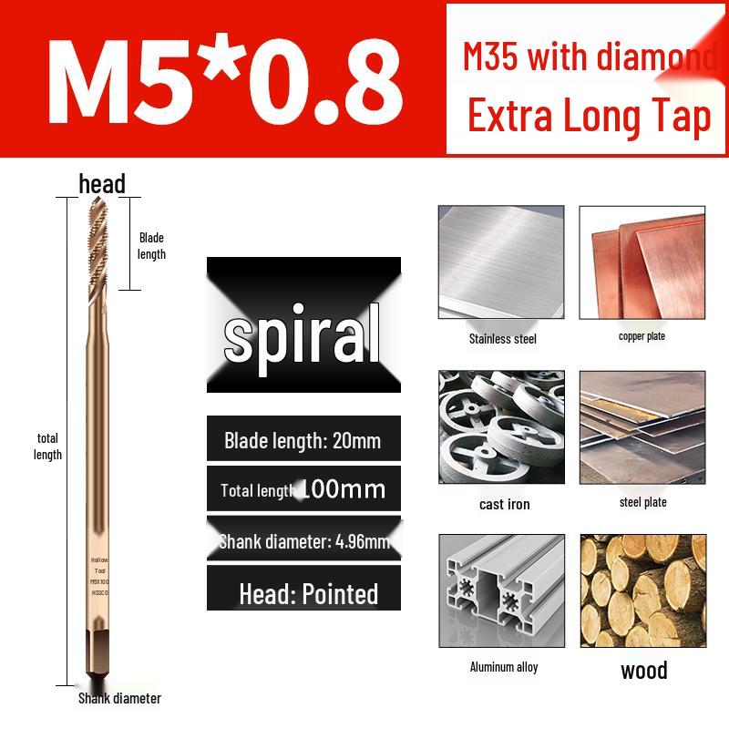 Titanium Plated Cobalt Tap Set: Straight & Spiral Flute for Stainless Steel (Sizes: M3, M4, M5, M6, M8)