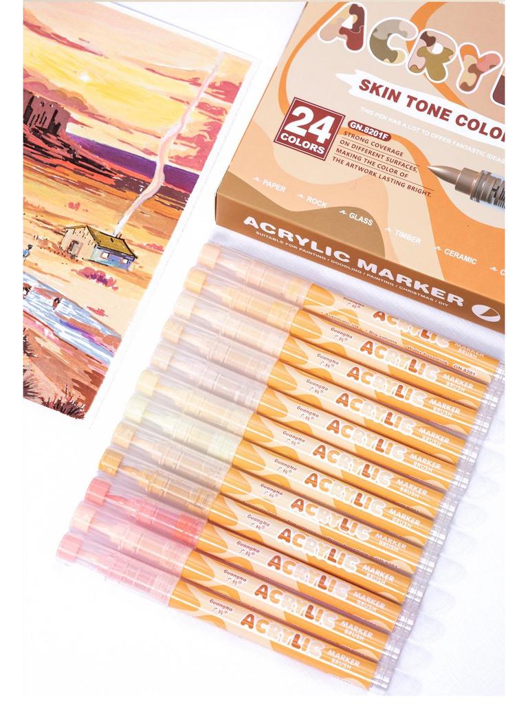 Guangna 8201 Liquid Acrylic Marker Set - 24 Skin Tone & Macaron Colors for Art Painting