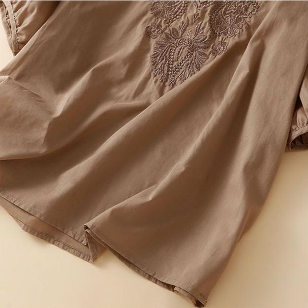 Top da Donna 2025 Estate Manica Corta Design Largo Retro Artistico Ricamato Girocollo Cotone e Canapa Sottile