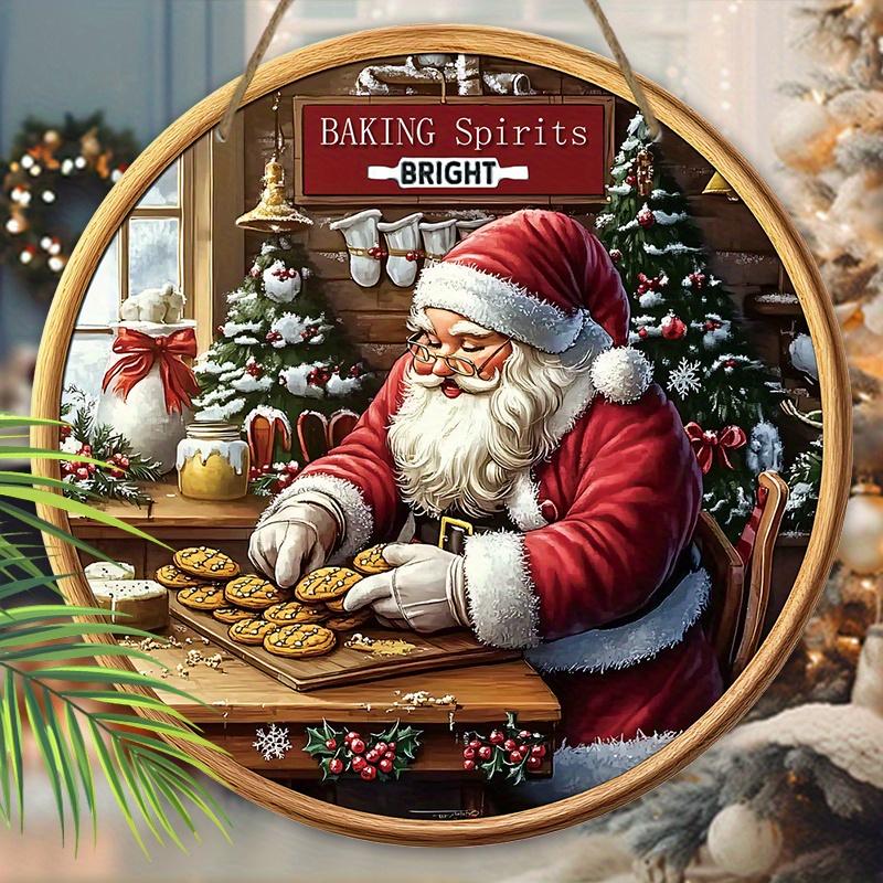 Weihnachtsschild aus Holz mit freundlichem Weihnachtsmann-Muster, Frohe Weihnachten rundes Schild für Haustür, Küche, Hängedekor, Idealer Weihnachtsschmuck