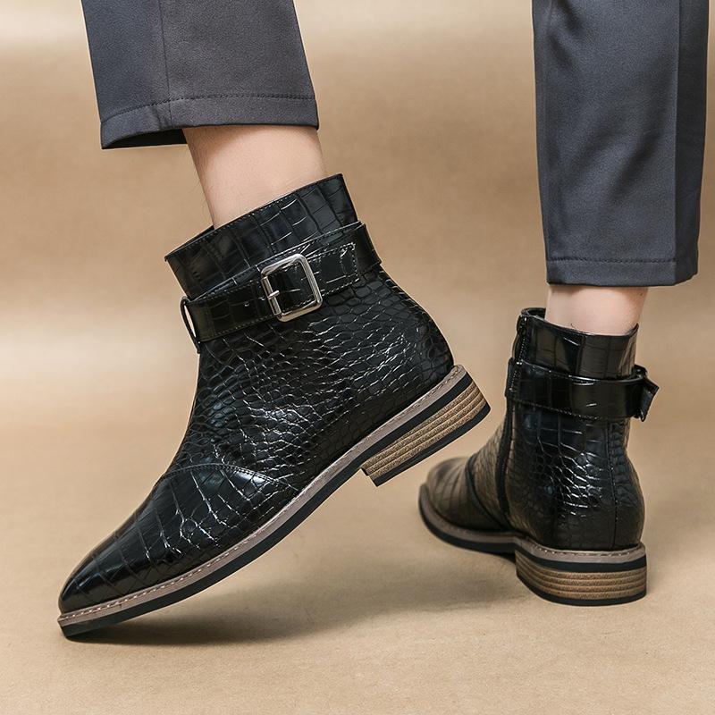 Fashion Men's Ankle Boots Fashion Pointed Leather Boots Designer Crocodile Pattern High-top Boots for Men Casual Business Dress Booties