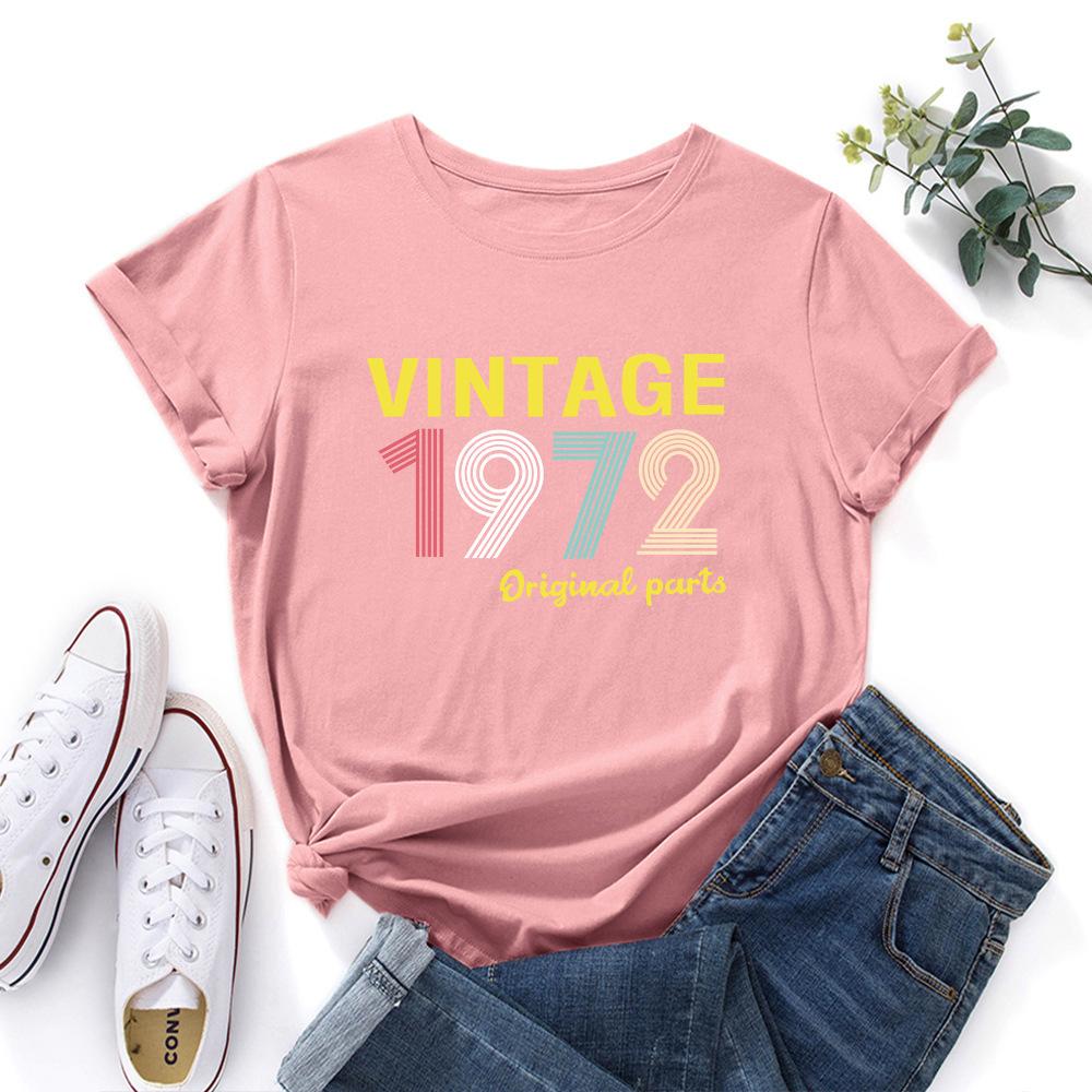 1972 Vintage Alphabet Cotton T-Shirt Short Sleeve Round Neck Women 2d Print Tops
