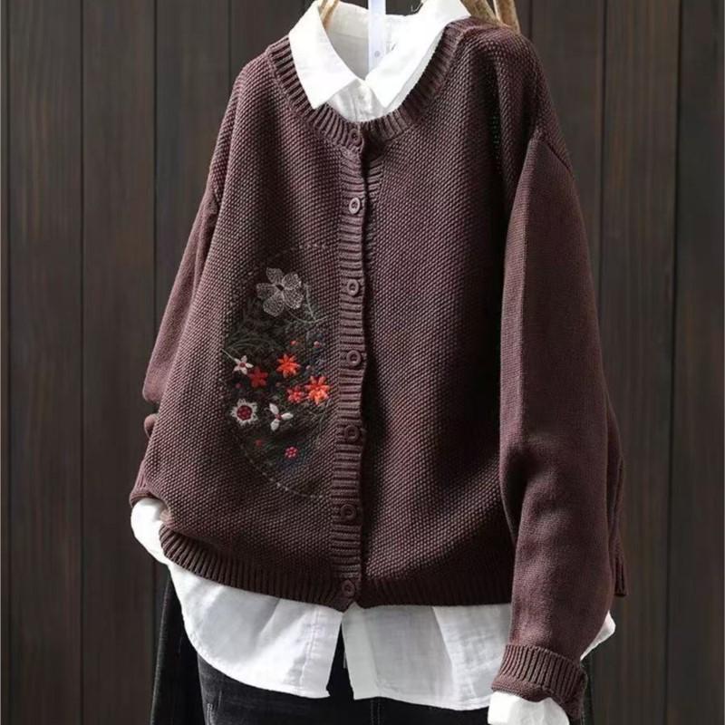 Johnature Women Vintage Embroidery Floral Sweaters O-Neck Long Sleeve Solid Color Button Knitted Autumn Sweaters