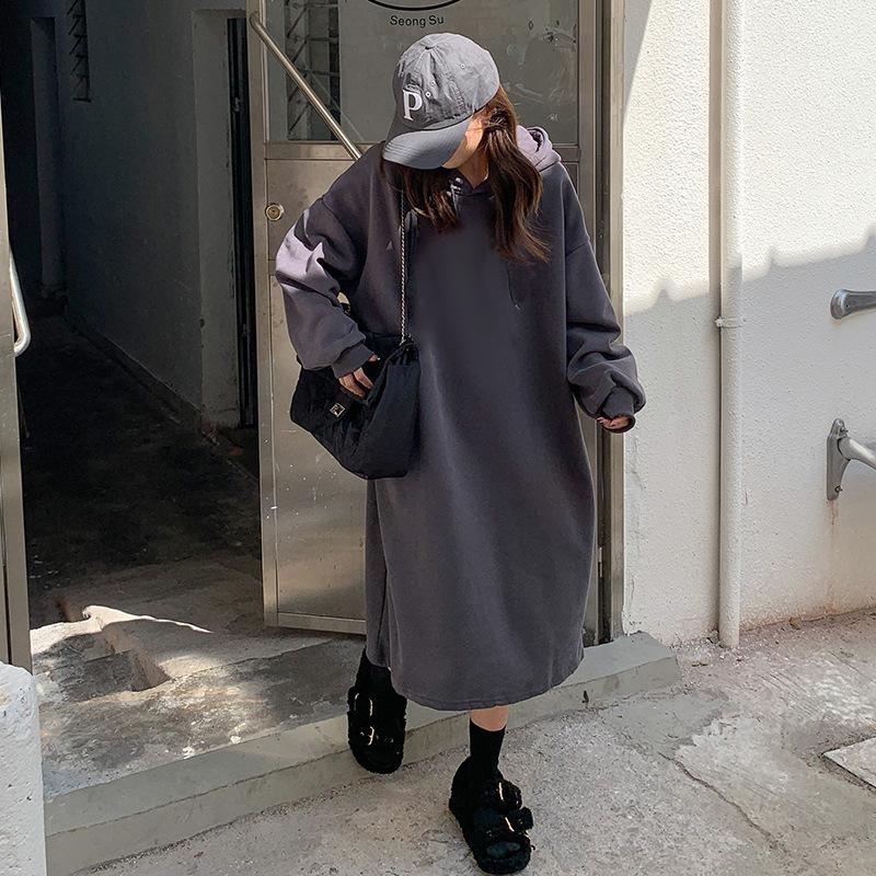 Autumn and Winter Hooded Pullover Long Sweater Women's Korean Version Loose and Thin Medium and Long Knee Split and Velvet Dress