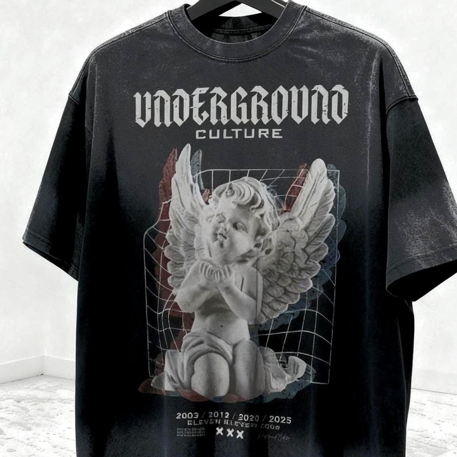 PREMIUM Alt-Rock Angel Tie-Dye T-Shirt – Underground Culture Streetwear, Grunge Grey Graphic, Edgy Rock-Inspired Oversized Tee S