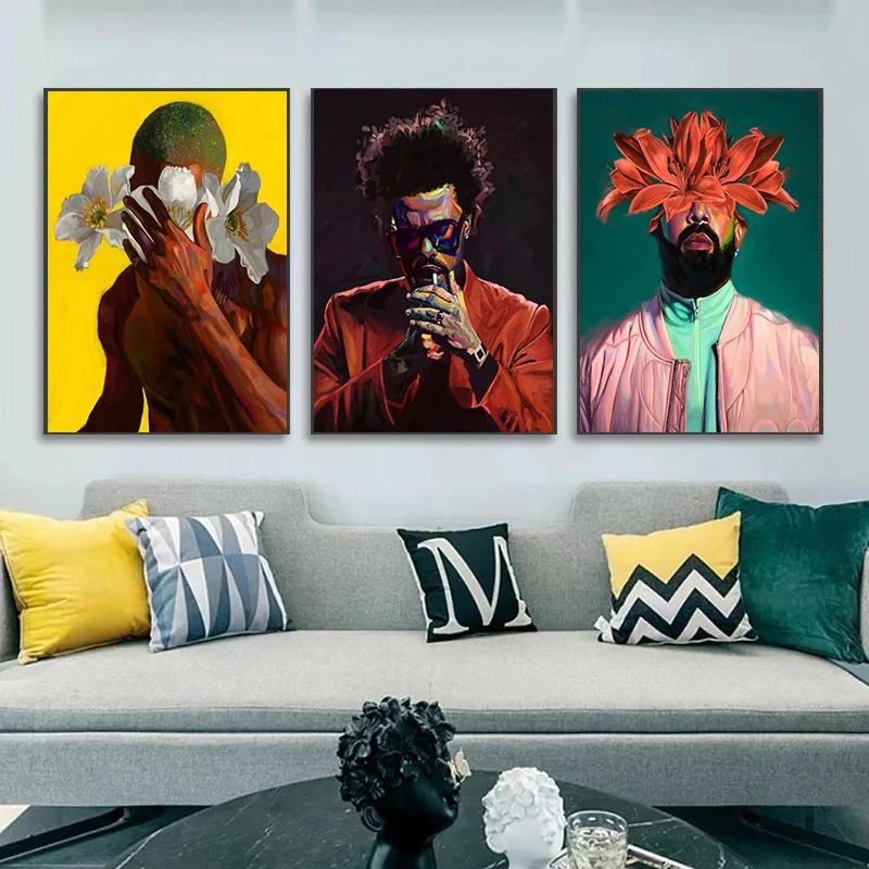 Famous Rapper Star Portrait with Flowers Canvas Painting Hip Hop Singers Abstract Art Posters Prints Wall Art Picture Home Decor