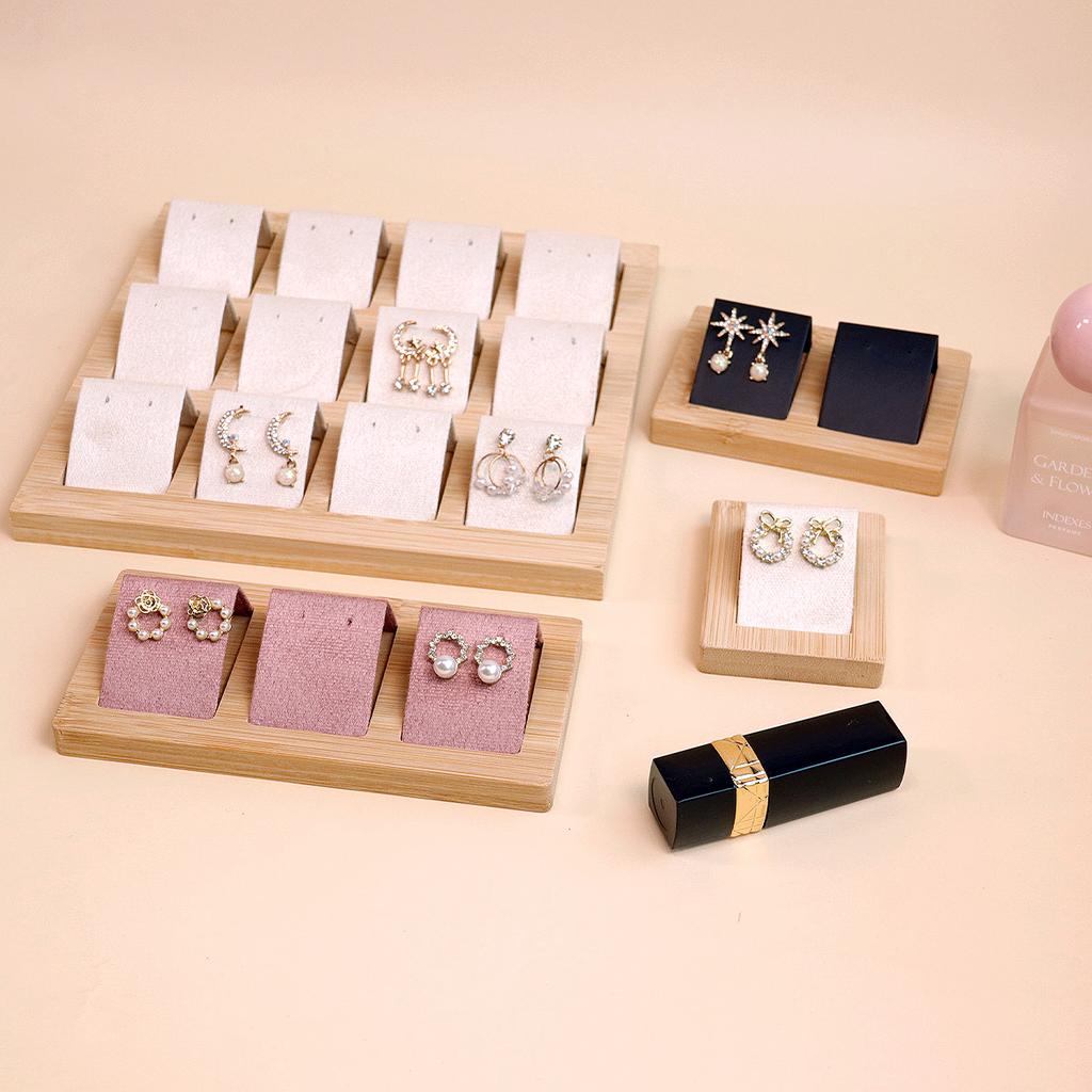 Bamboo Wood Earrings Display Stand DIY Velvet PU Leather Jewelry Storage Tray for Window Counter Props Show