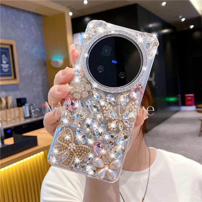 Bling Gold Butterfly Flower Casing For VIVO X200 X300 Pro X200 Ultra X200S 100s X80 X90 Glitter Rhinestone Silver Diamond Cover