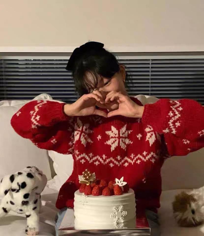 Vintage Red Snowflake Wool Knit Sweater for Women