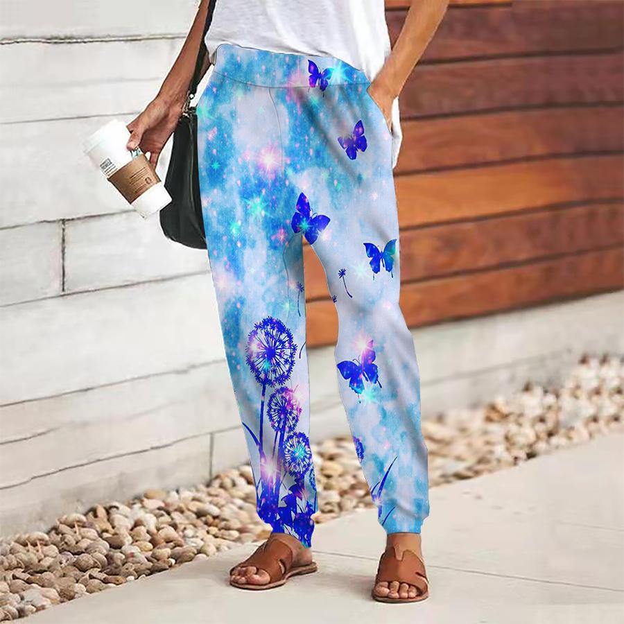 Women Butterfly Printing Pants Lace Up Elastic Waist Loose  Trousers Casual Long Pants Trousers with Pockets