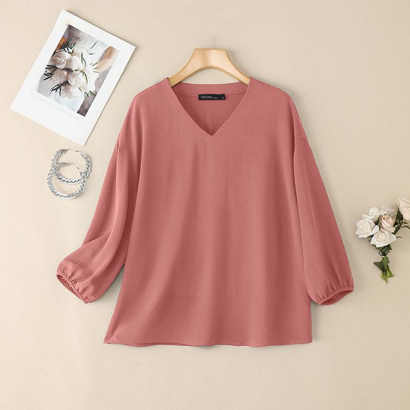 ZANZEA Moteriški laisvalaikio V formos iškirptės vienspalviai 3/4 rankovių marškiniai