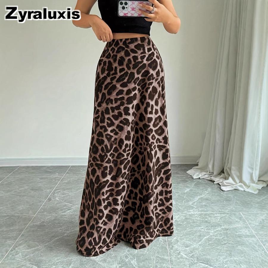 Vintage Chic Leopard Print High Waist A-Line Midi Skirt for Women XS