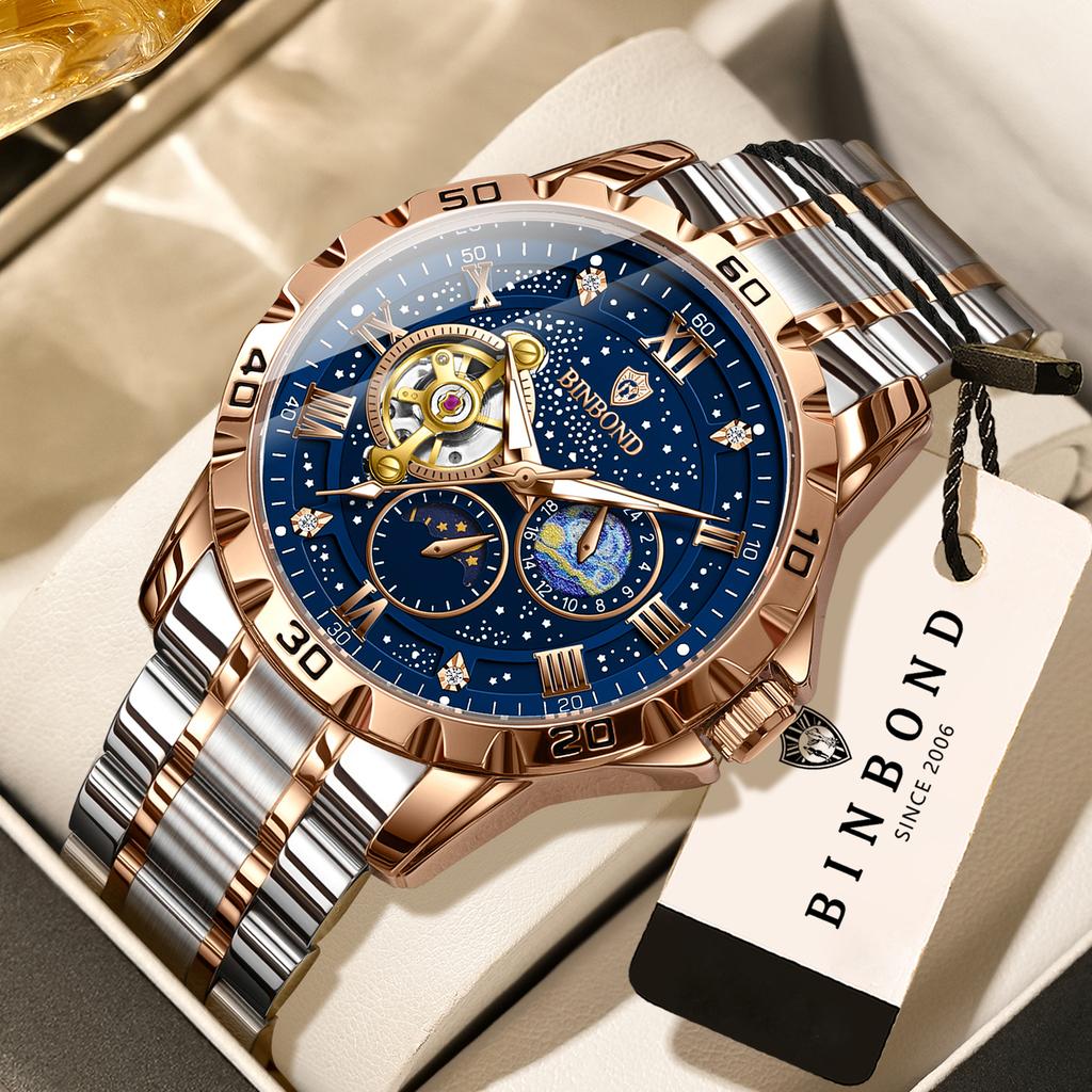 BINBOND Mechanical Wristwatches For Men Tourbillon Luminous Relojes Waterproof Automatic Men's Watch Skeleton Luxury Reloj +Box