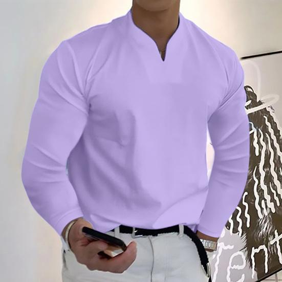 Men Tops Solid Color Slim Fit Long Sleeves Pullover Colorfast V Neck Casual Plus Size Autumn Shirt Men Clothes