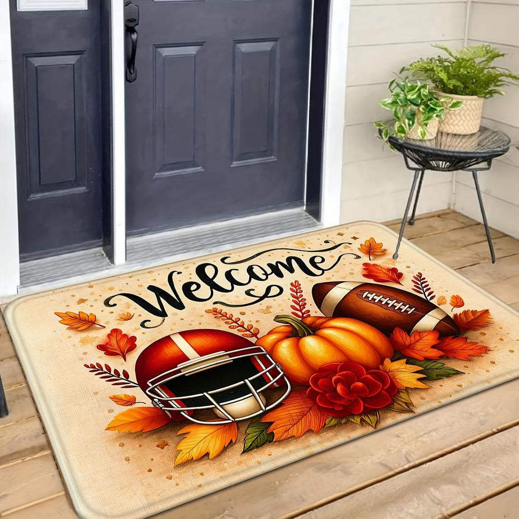 Thanksgiving Football Pumpkin Doormat, Autumn Leaves Design Non-Slip Rug, Medium Pile Polyester Mat for Seasonal Home Decor