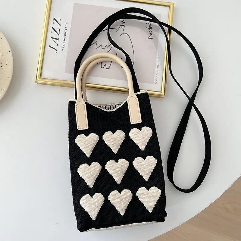 Koreanische Mode Herz Gestrickte Mini Quadratische Handtasche für Damen Kleine Handy Umhängetaschen Mädchen Niedliche Outdoor Crossbody Taschen