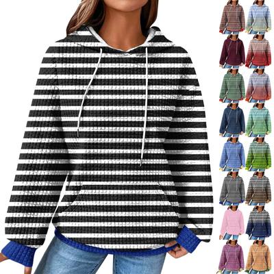 Women's Fashion Casual Striped Hooded Pullover Long Sleeve Plaid Sweatshirt Top