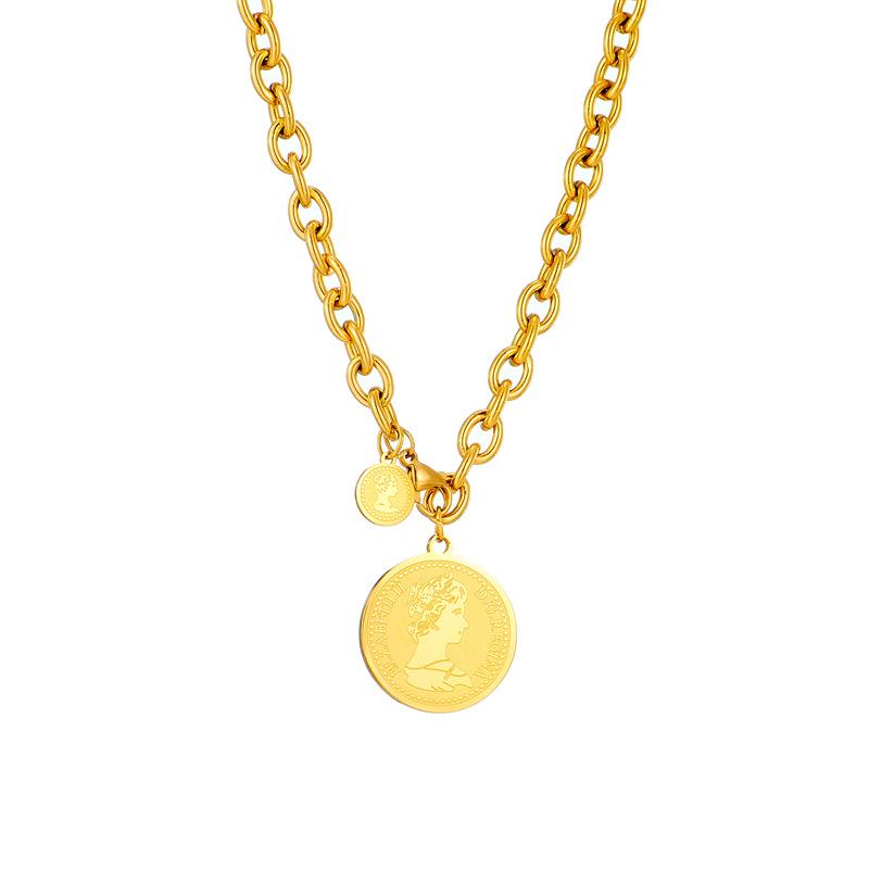 18K Gold Plated Queen Elizabeth Coin Necklace, Double Medallion Pendant with Paperclip Chain, Vintage Stainless Steel Jewelry