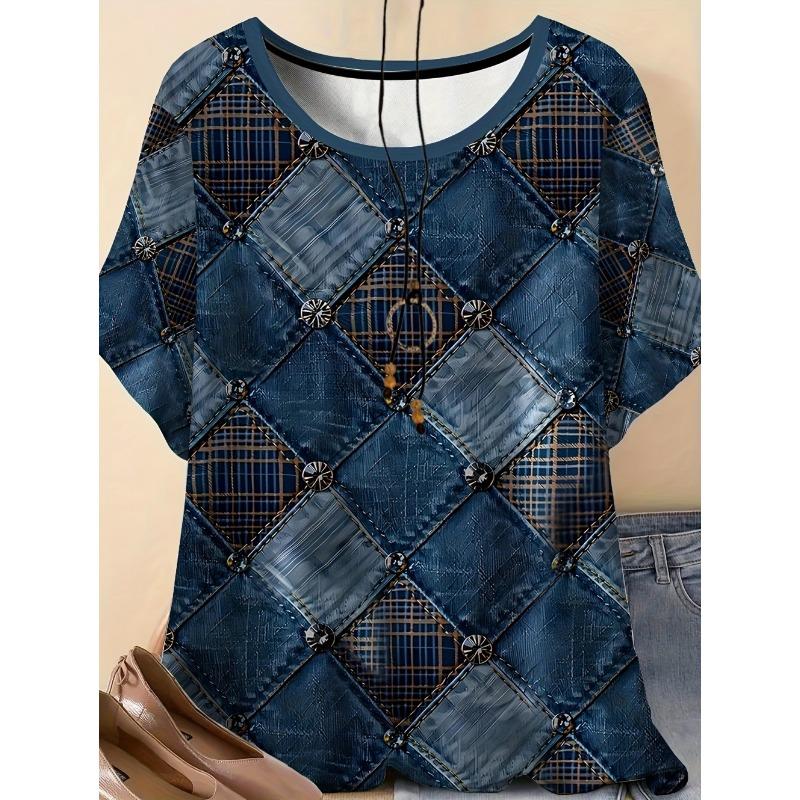 Summer Fashion Women's 3D Printed T-Shirt Short Sleeve O-Neck Denim-Like Graphics Print Tops Casual Streetwear Women's Clothing