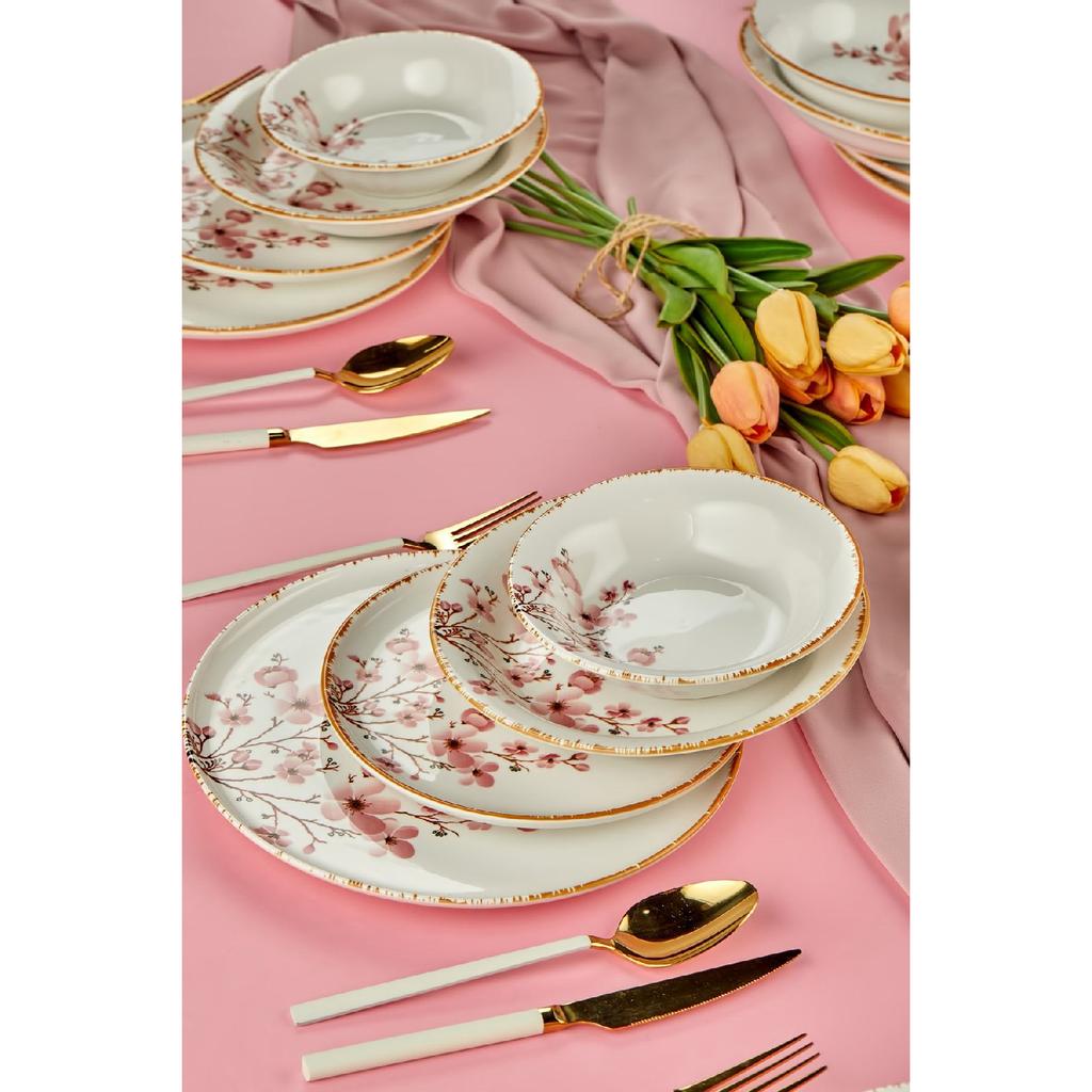 Sakura Flower Luxury Ceramic 18 Piece Dinner Set, Dinner Set For 6 Persons