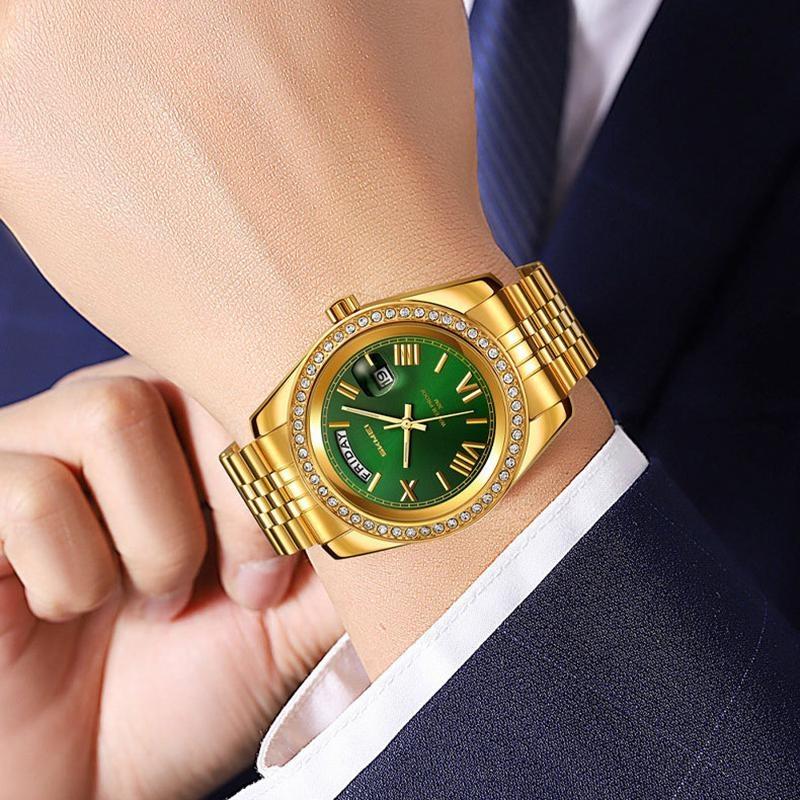 Mens Analog Quartz Watch Diamond Encrusted Bezel Day & Date Display Waterproof Stainless Steel Band